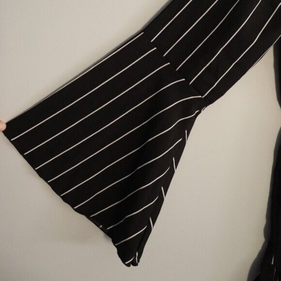 Emery Women's M Black Striped Bell Sleeve Off-the-Shoulder Flare Romper Shorts - Picture 3 of 8